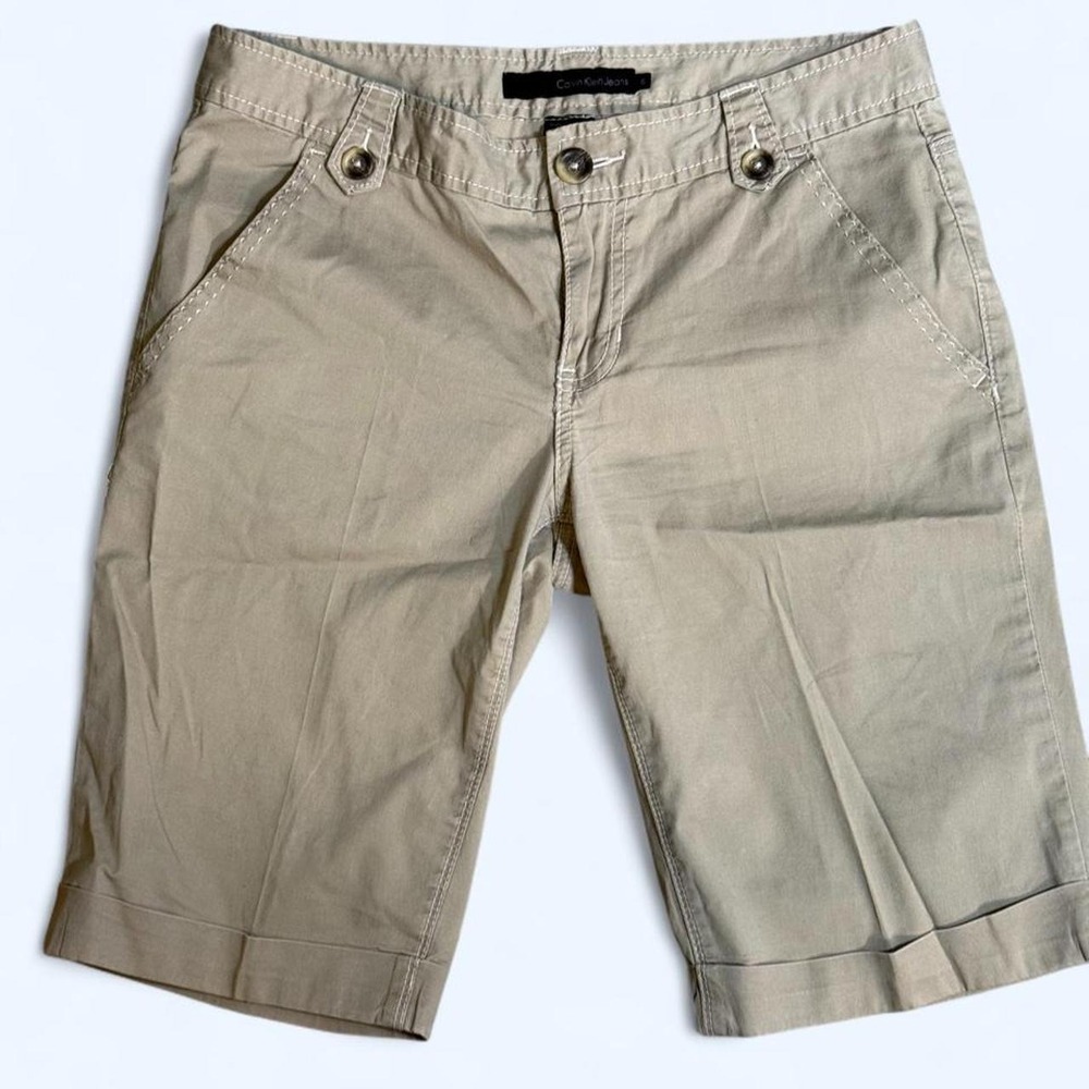 VTG Y2K Calvin Klein Tan Khaki White Hem Low Rise Culotte Shorts Size 6